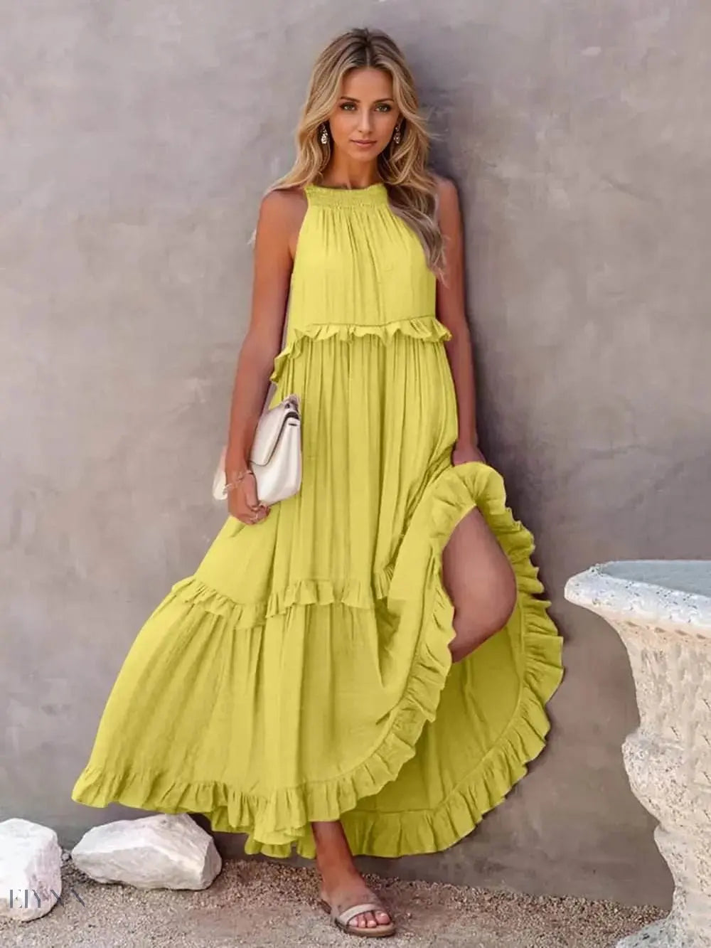 Ruffled Sleeveless Tiered Maxi Dress with Pockets - EBYNN