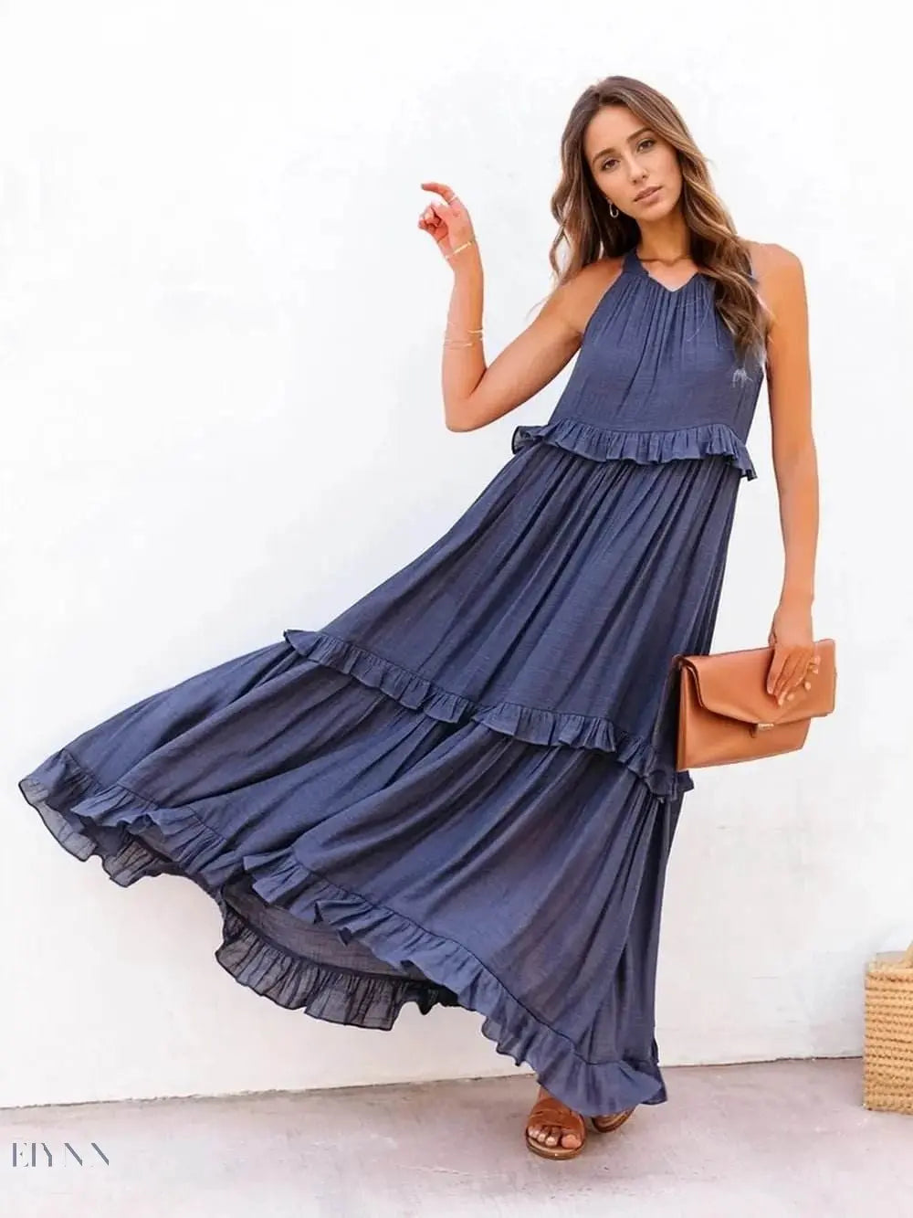 Ruffled Sleeveless Tiered Maxi Dress with Pockets - EBYNN