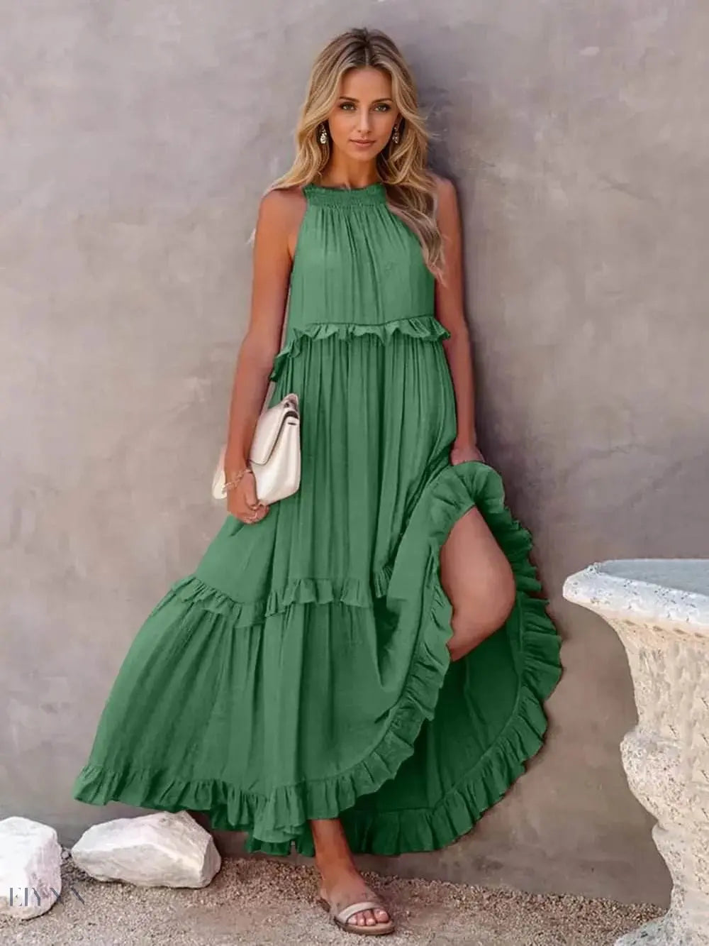 Ruffled Sleeveless Tiered Maxi Dress with Pockets - EBYNN