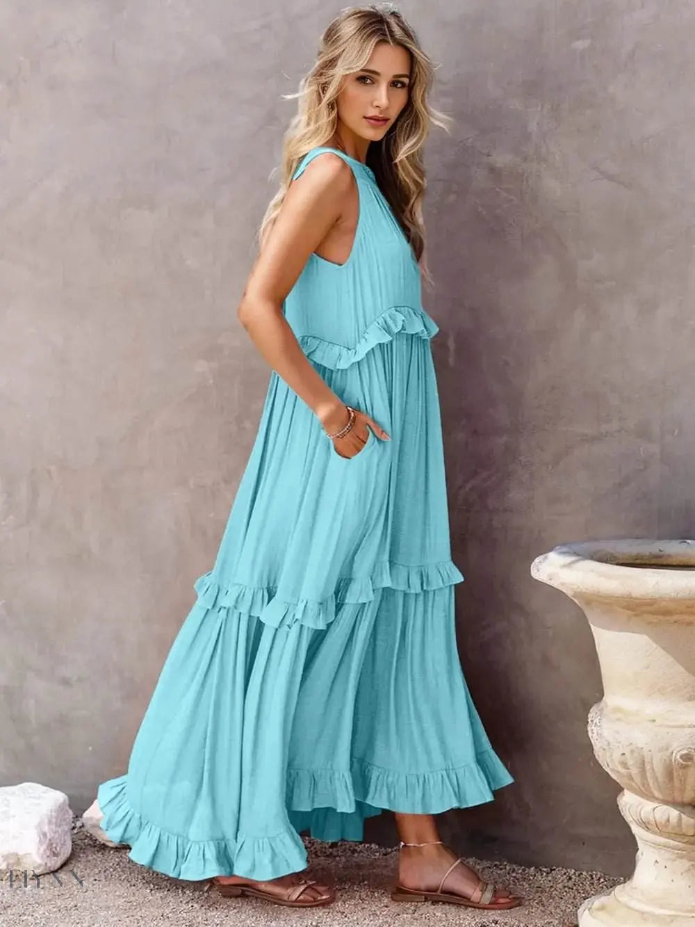 Ruffled Sleeveless Tiered Maxi Dress with Pockets - EBYNN