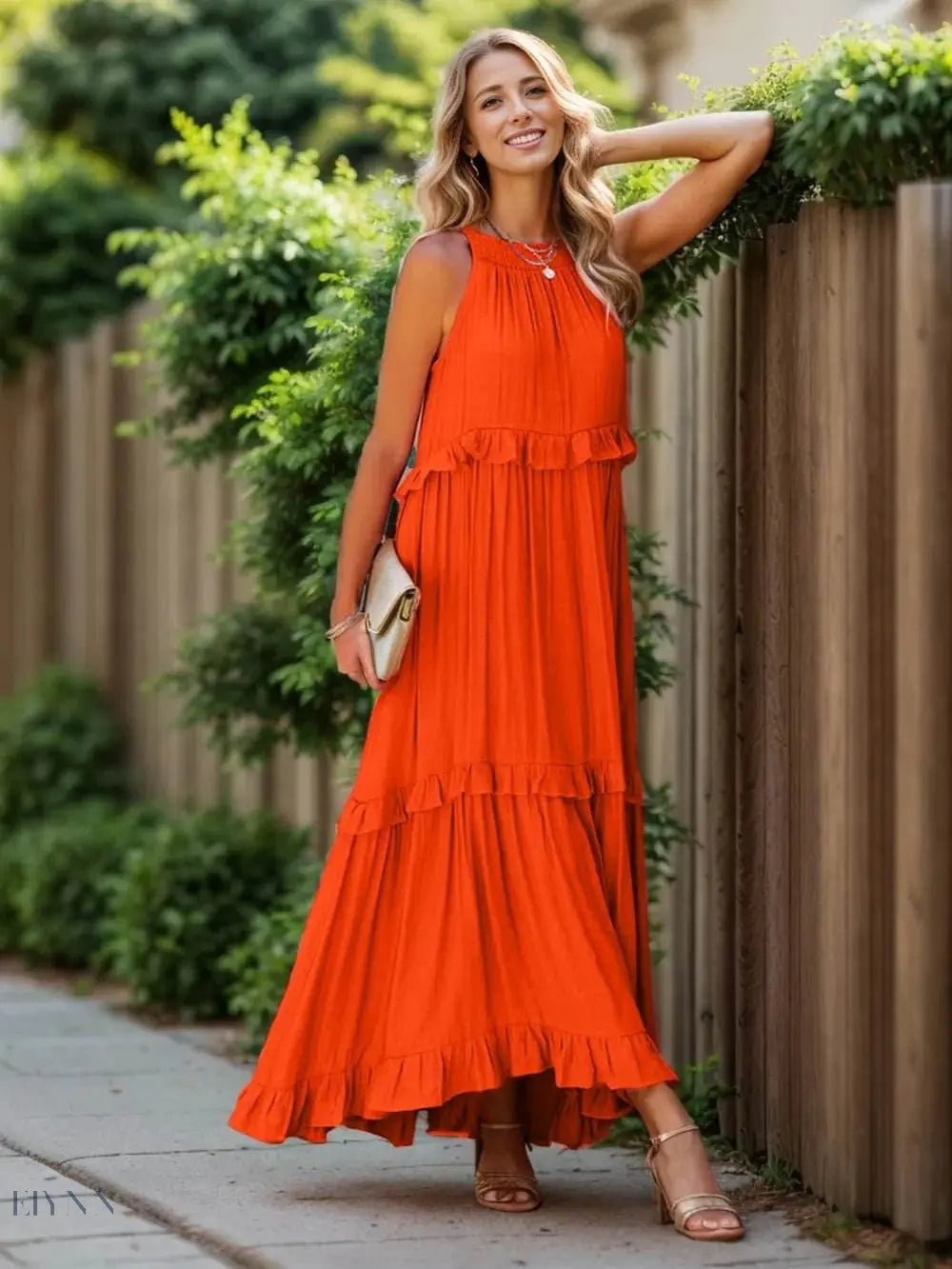 Ruffled Sleeveless Tiered Maxi Dress with Pockets - EBYNN