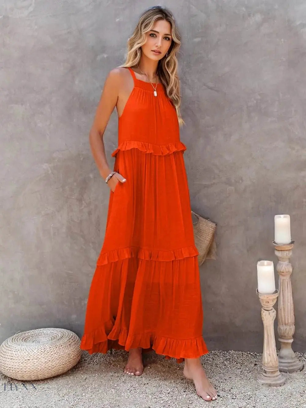 Ruffled Sleeveless Tiered Maxi Dress with Pockets - EBYNN