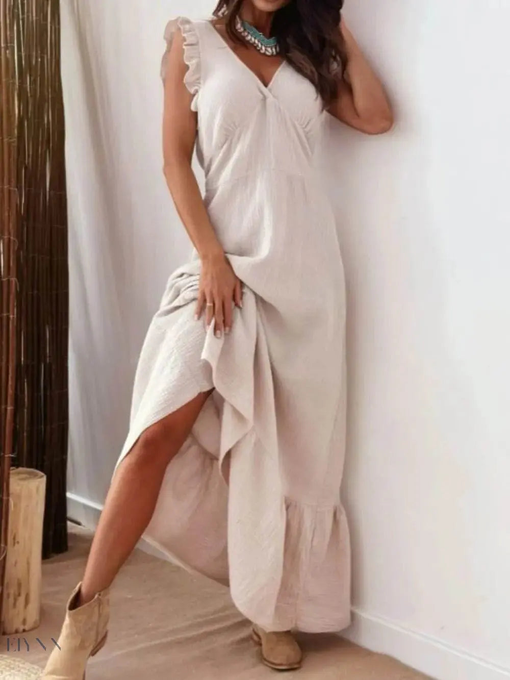 Ruffled V-Neck Cap Sleeve Maxi Dress - EBYNN