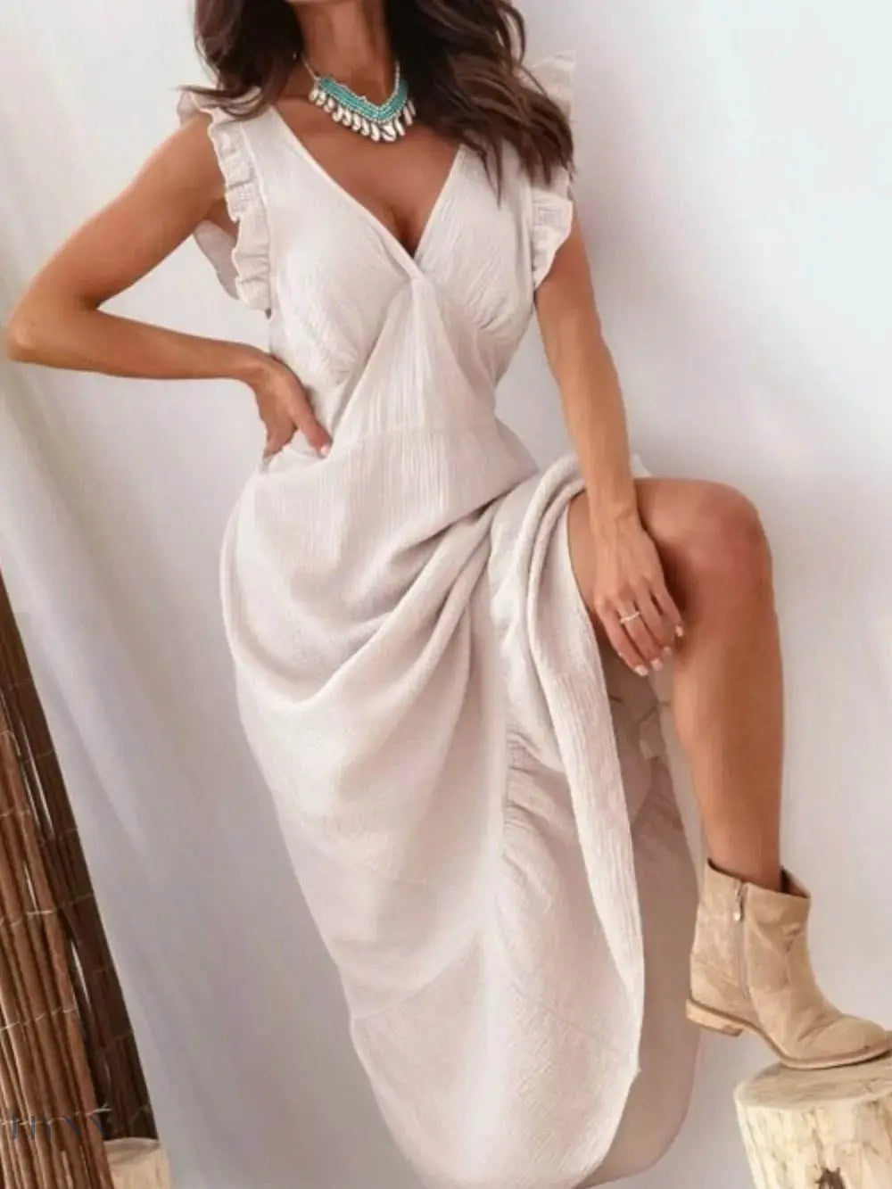 Ruffled V-Neck Cap Sleeve Maxi Dress - EBYNN