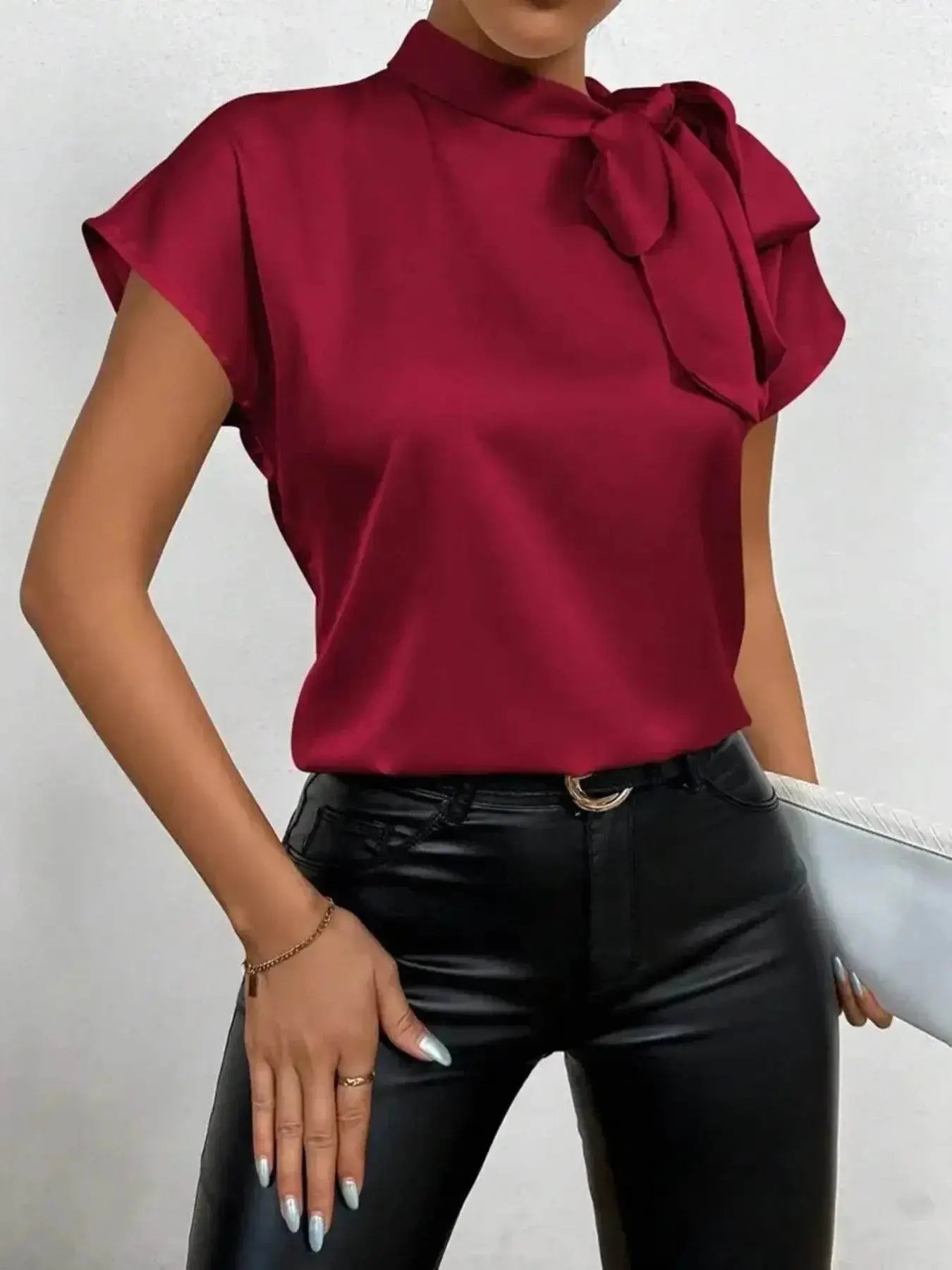 Satin Bow Tie Blouse for Elegant Styling - EBYNN