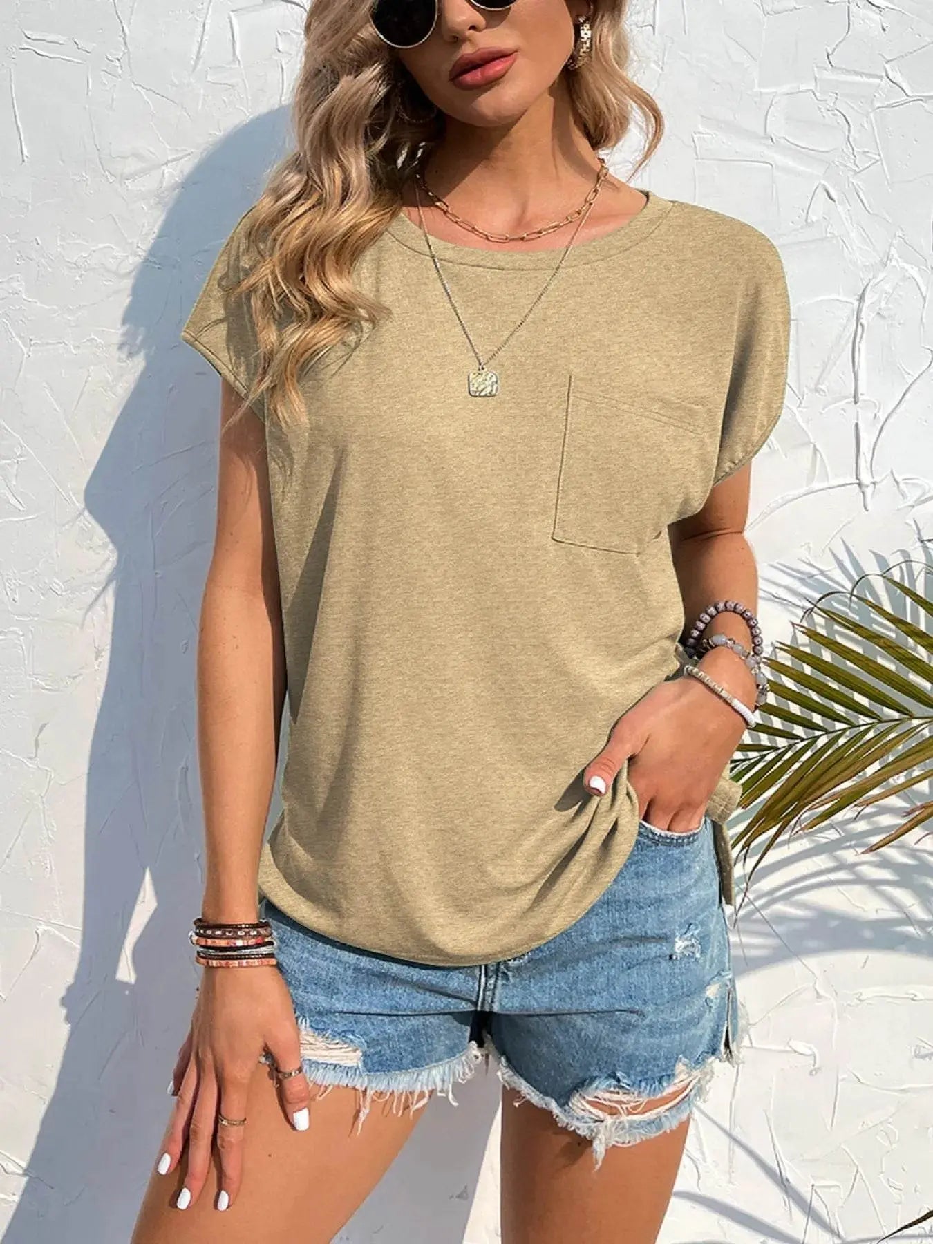 Side Slit T-Shirt with Round Neck Design - EBYNN