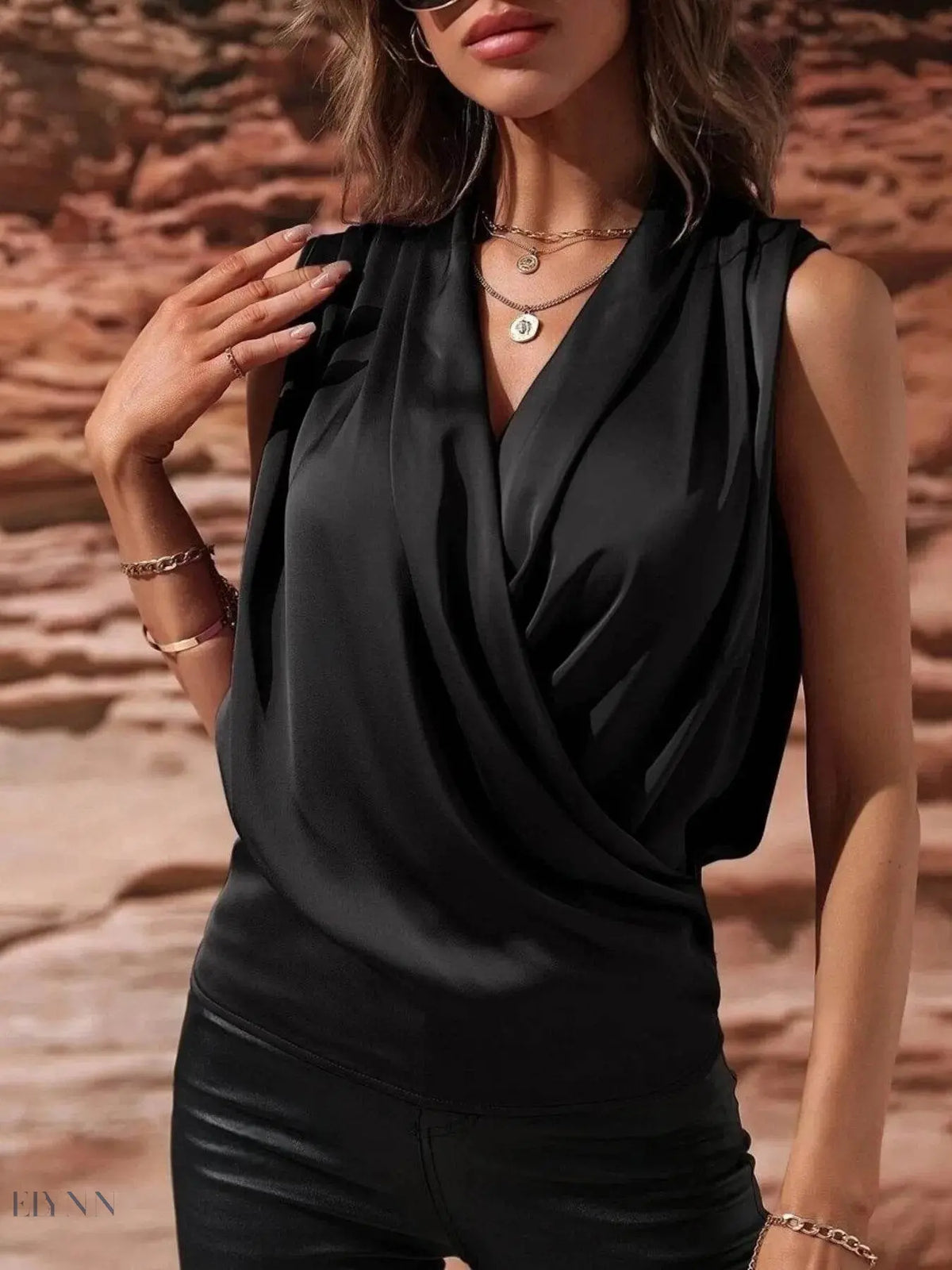 Sleeveless Wrap Draped Blouse - Stylish and Versatile Sleeveless Wrap Blouse - EBYNN