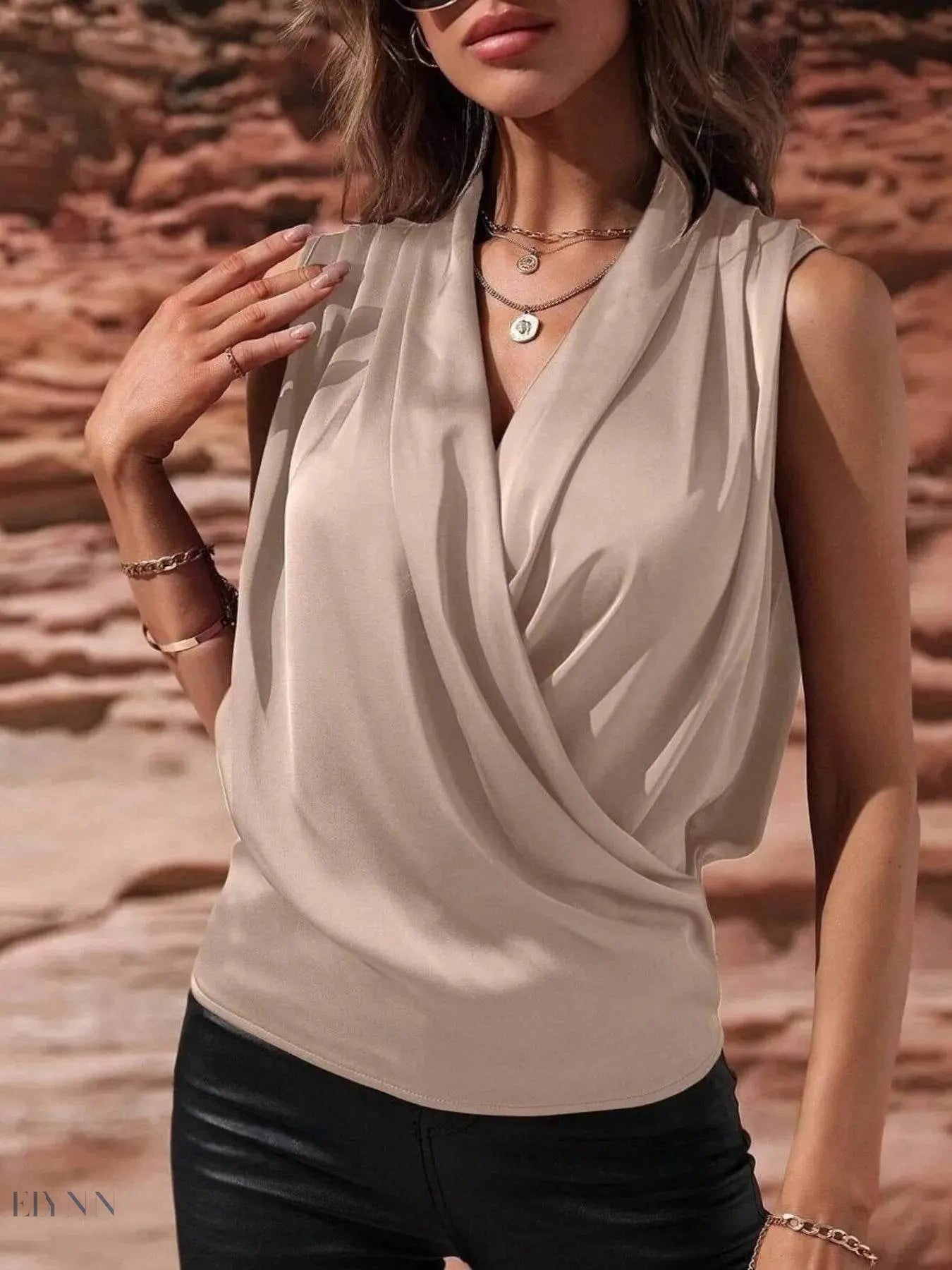 Sleeveless Wrap Draped Blouse - Stylish and Versatile Sleeveless Wrap Blouse - EBYNN