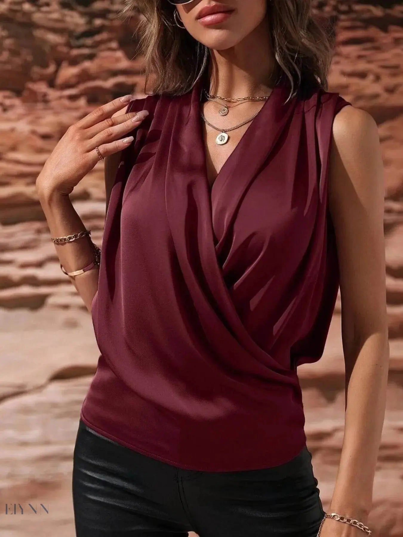 Sleeveless Wrap Draped Blouse - Stylish and Versatile Sleeveless Wrap Blouse - EBYNN