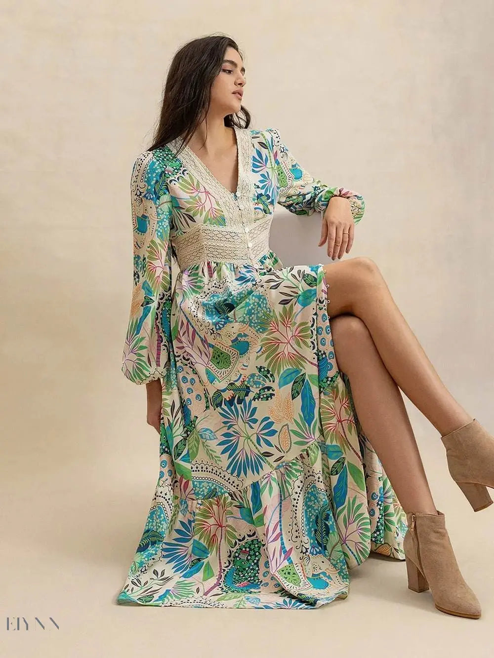 Slit Printed V-Neck Long Sleeve Midi Dress - EBYNN