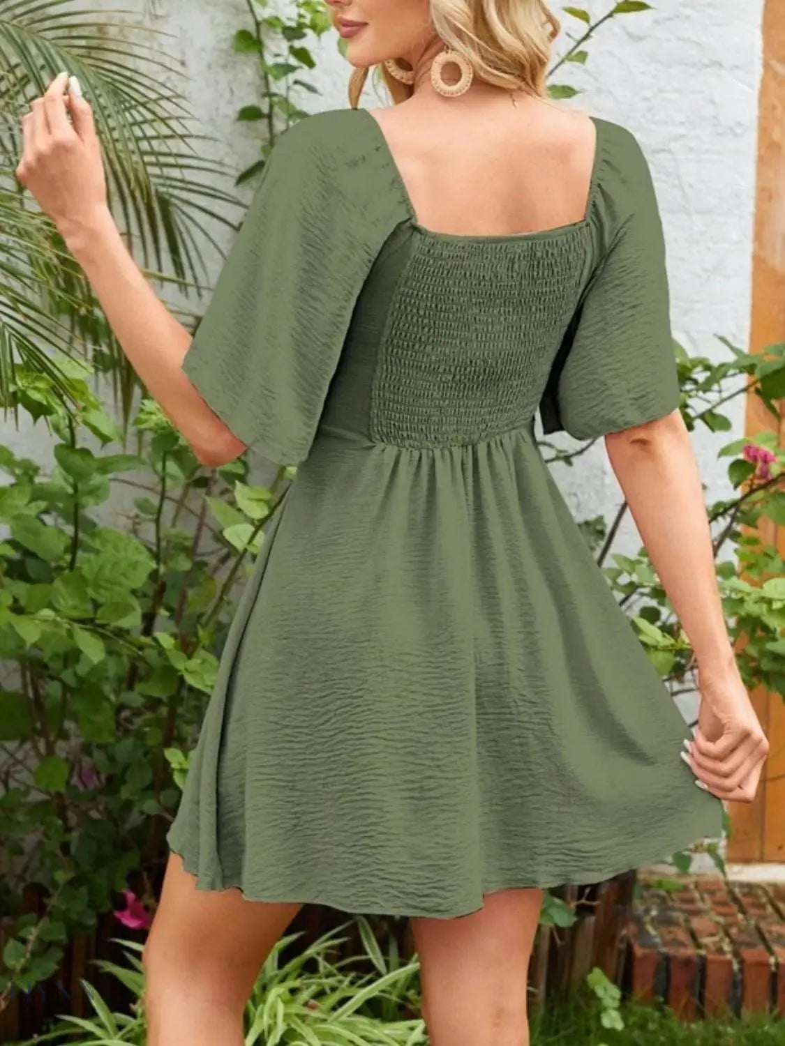 Smocked Flutter Sleeve Dress with Knotted Back Design - EBYNN