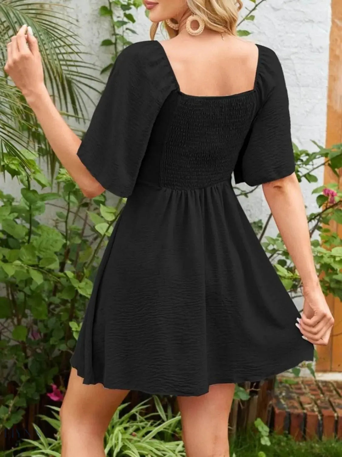 Smocked Flutter Sleeve Dress with Knotted Back Design - EBYNN