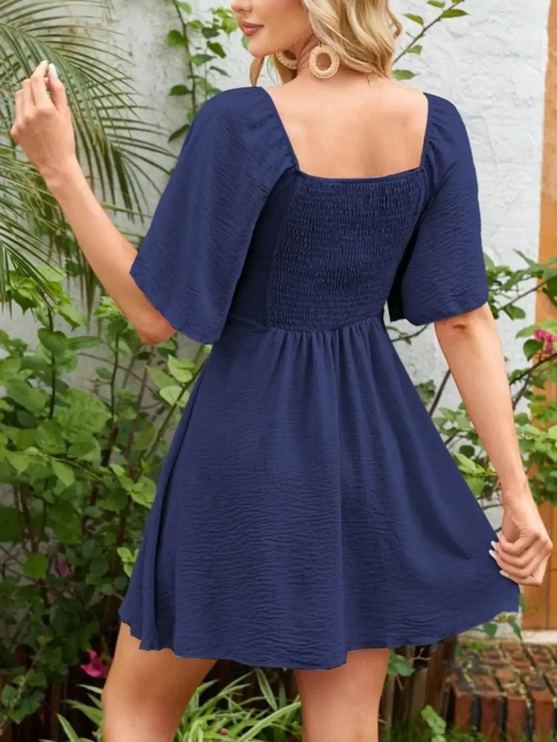 Smocked Flutter Sleeve Dress with Knotted Back Design - EBYNN