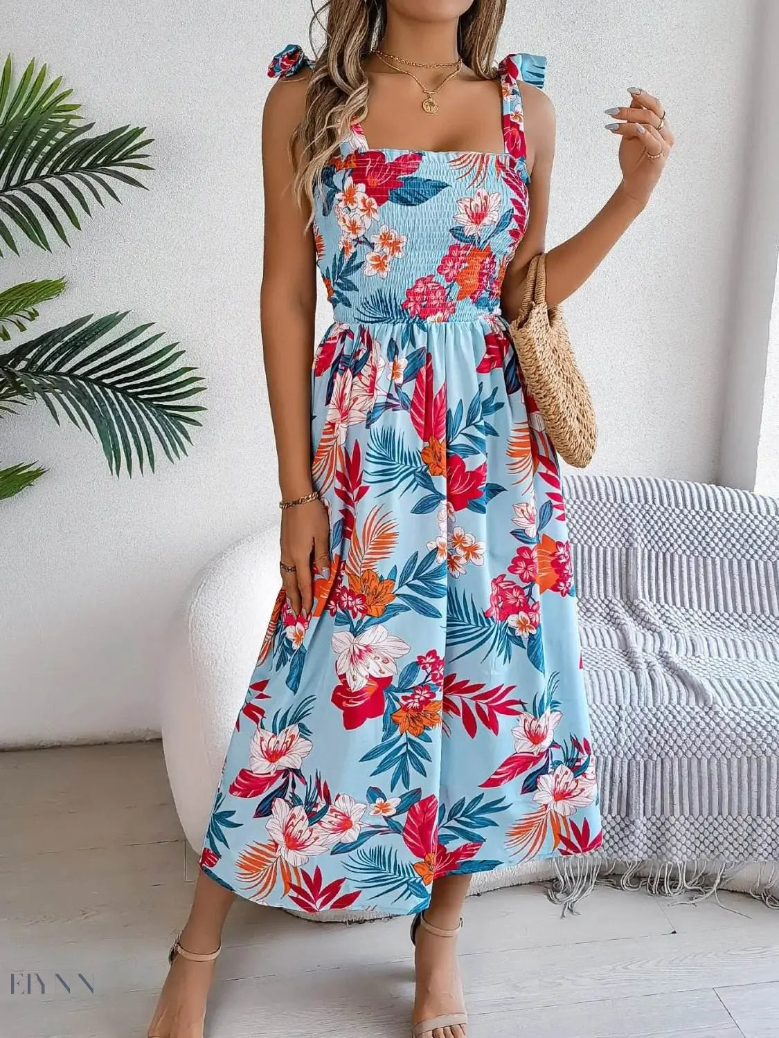 Floral Tie Shoulder Midi Dress with Smocked Detail - EBYNN