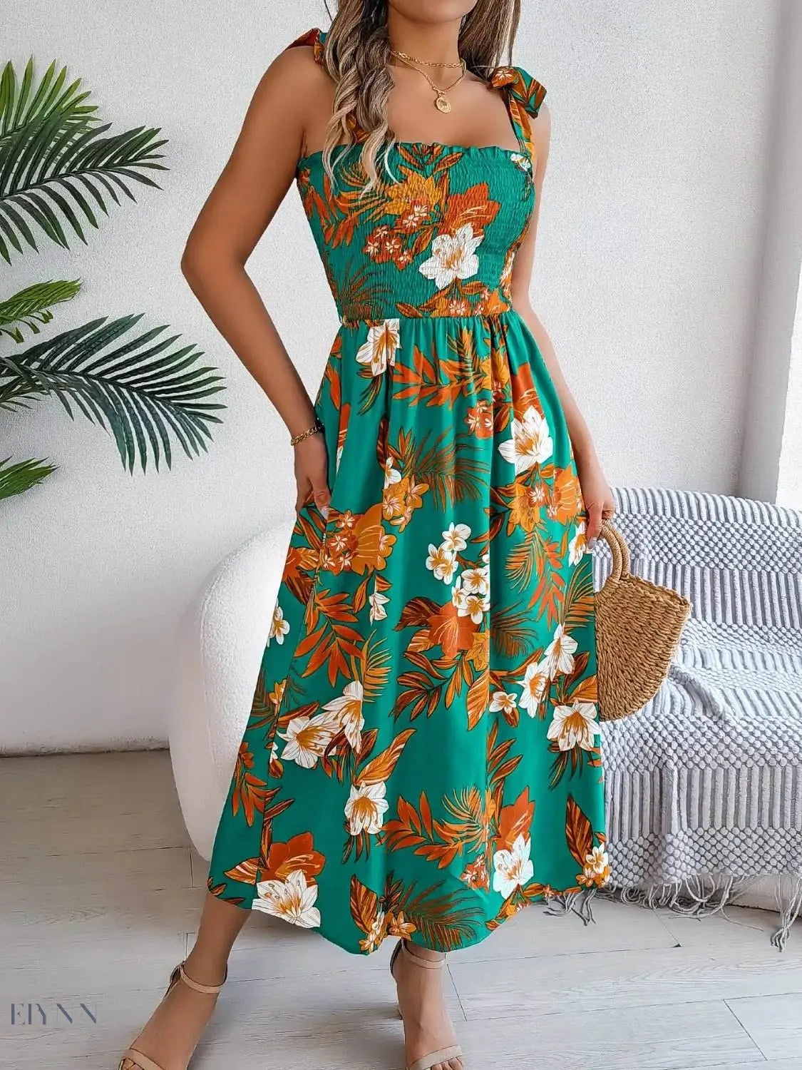 Floral Tie Shoulder Midi Dress with Smocked Detail - EBYNN
