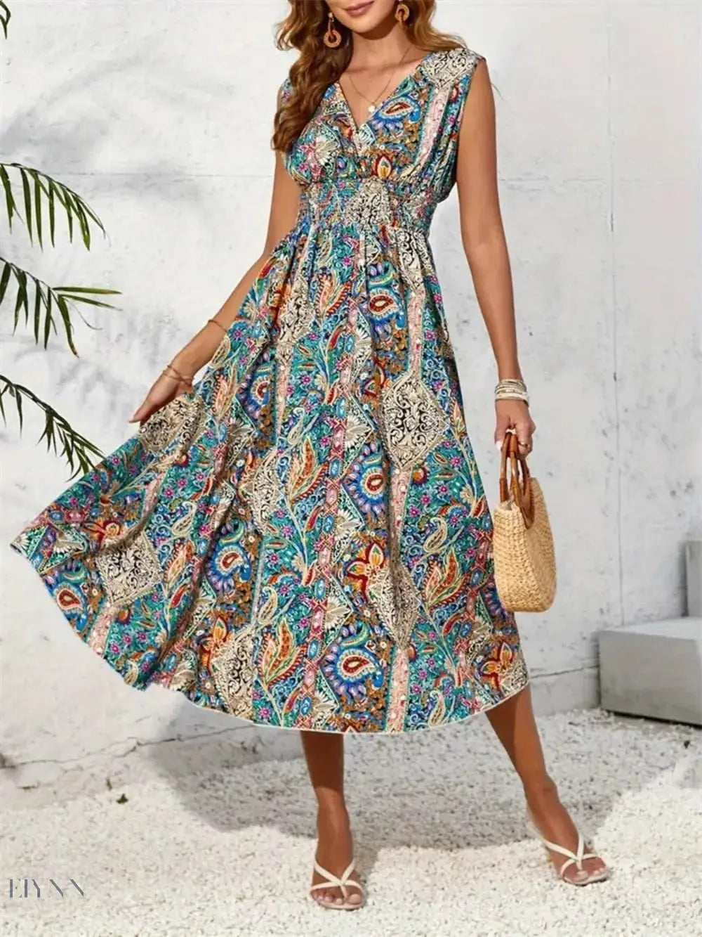 Smocked Printed Surplice Sleeveless Midi Dress - EBYNN