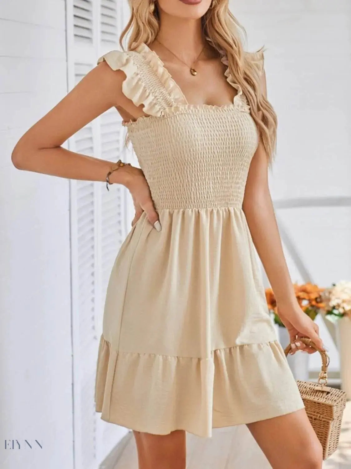 Smocked Square Neck Dress with Wide Straps for Effortless Style - EBYNN