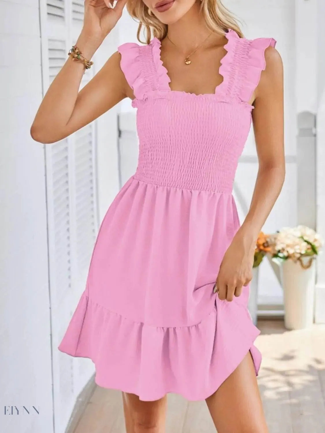 Smocked Square Neck Dress with Wide Straps for Effortless Style - EBYNN
