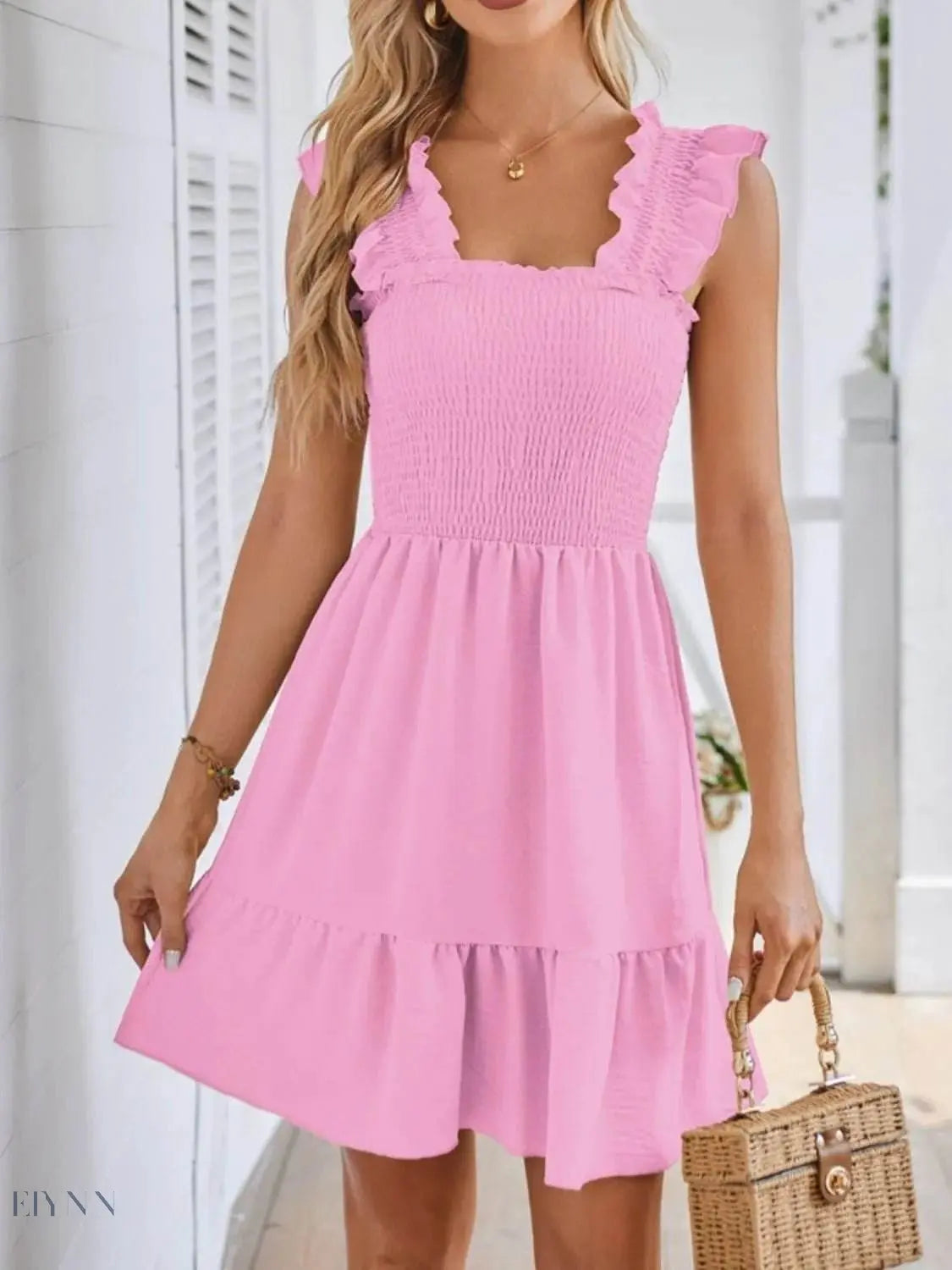 Smocked Square Neck Dress with Wide Straps for Effortless Style - EBYNN