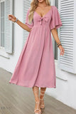 Smocked Tie Front Flutter Sleeve Midi Dress - EBYNN