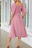 Smocked Tie Front Flutter Sleeve Midi Dress - EBYNN