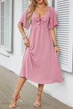 Smocked Tie Front Flutter Sleeve Midi Dress - EBYNN