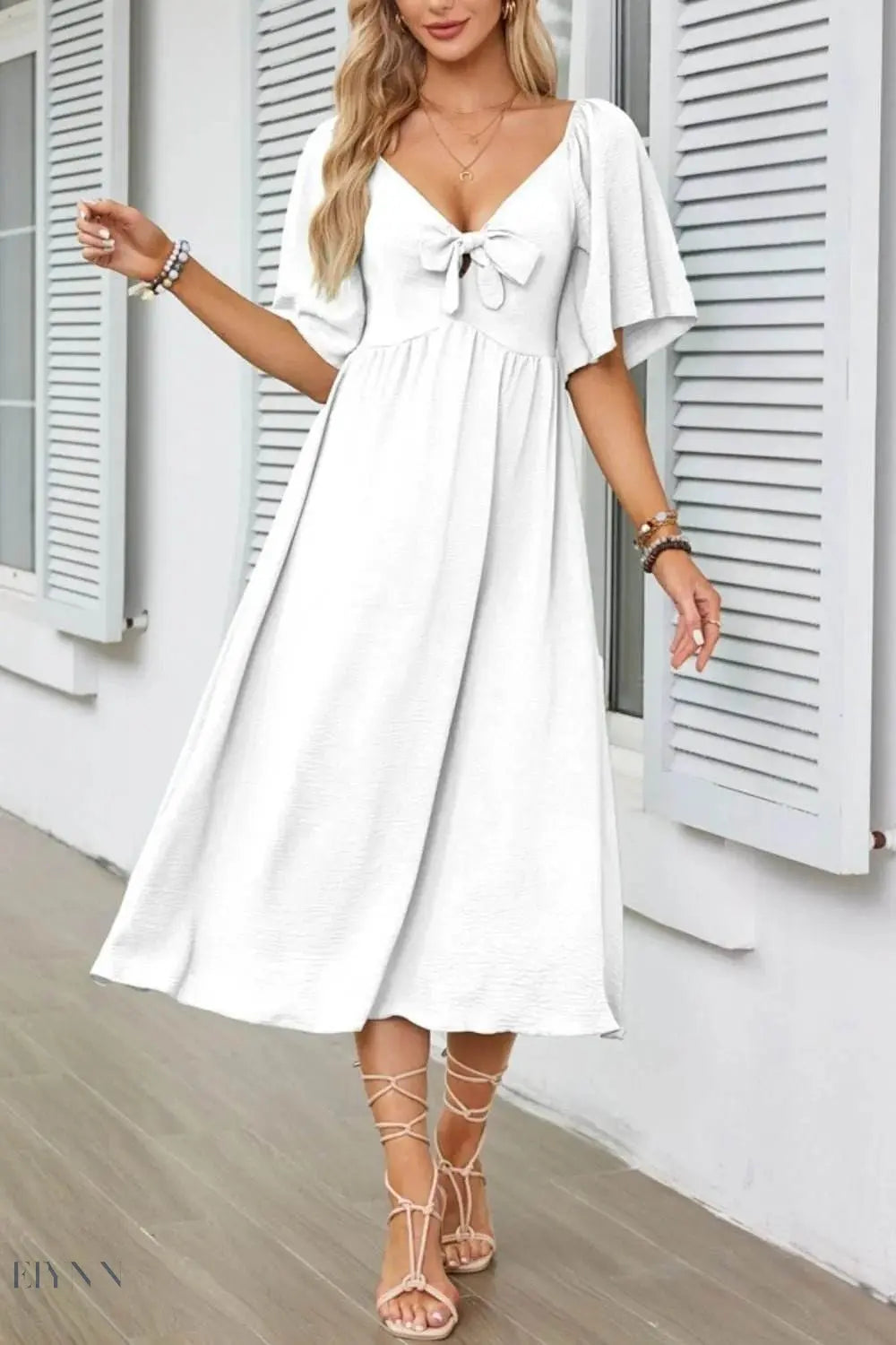 Smocked Tie Front Flutter Sleeve Midi Dress - EBYNN