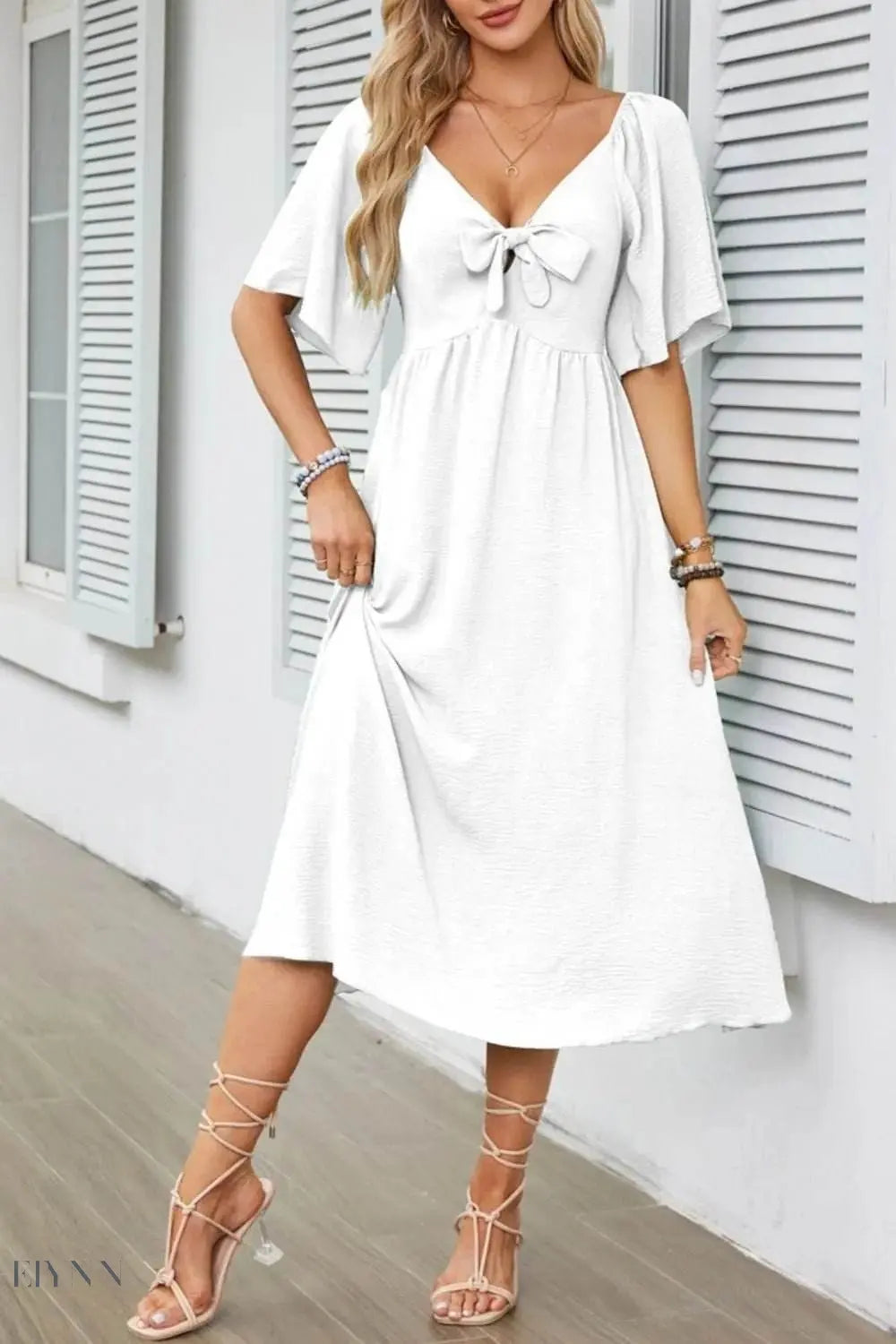 Smocked Tie Front Flutter Sleeve Midi Dress - EBYNN