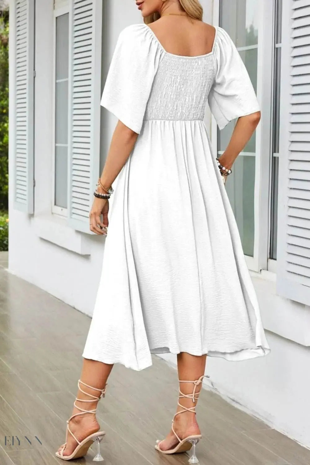 Smocked Tie Front Flutter Sleeve Midi Dress - EBYNN