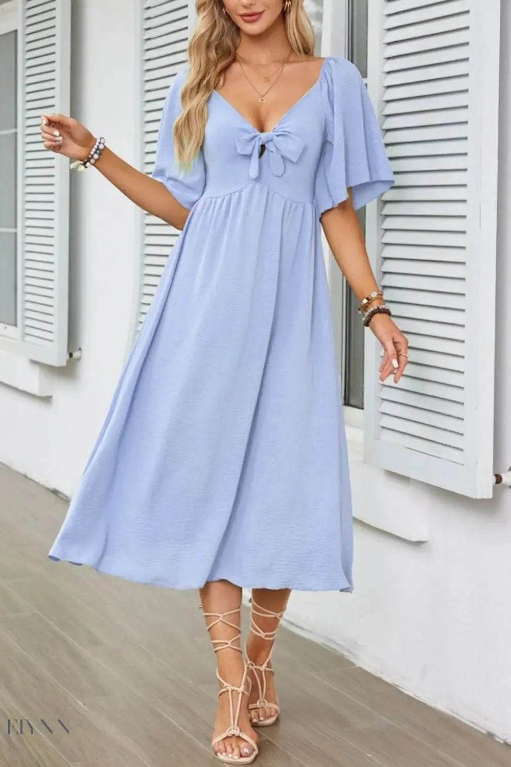 Smocked Tie Front Flutter Sleeve Midi Dress - EBYNN