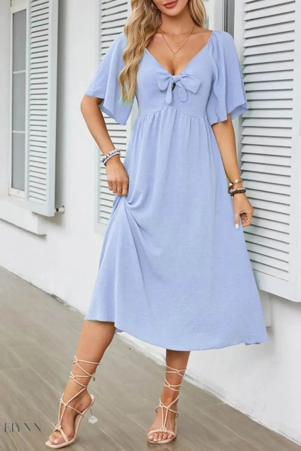 Smocked Tie Front Flutter Sleeve Midi Dress - EBYNN