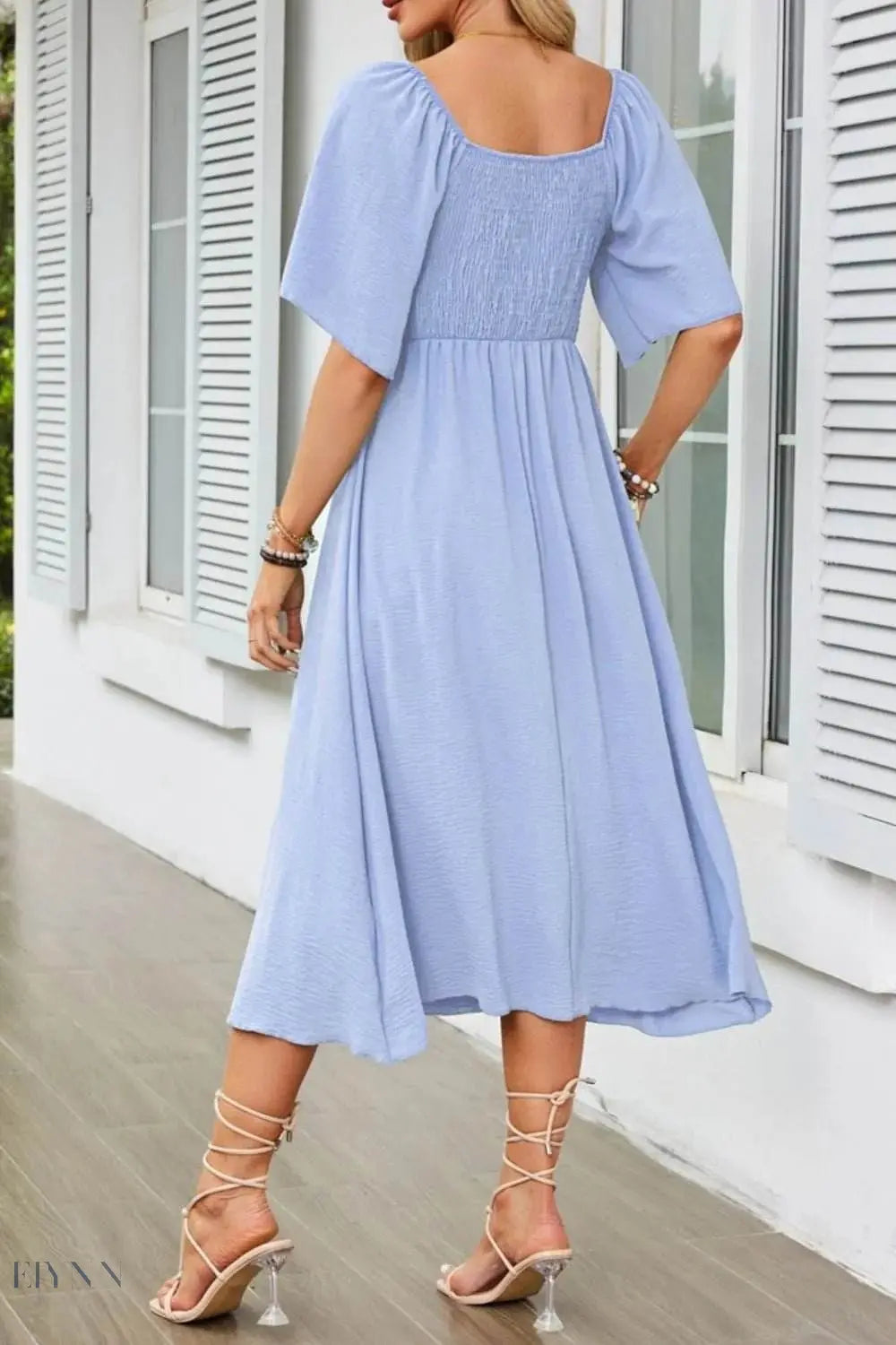 Smocked Tie Front Flutter Sleeve Midi Dress - EBYNN
