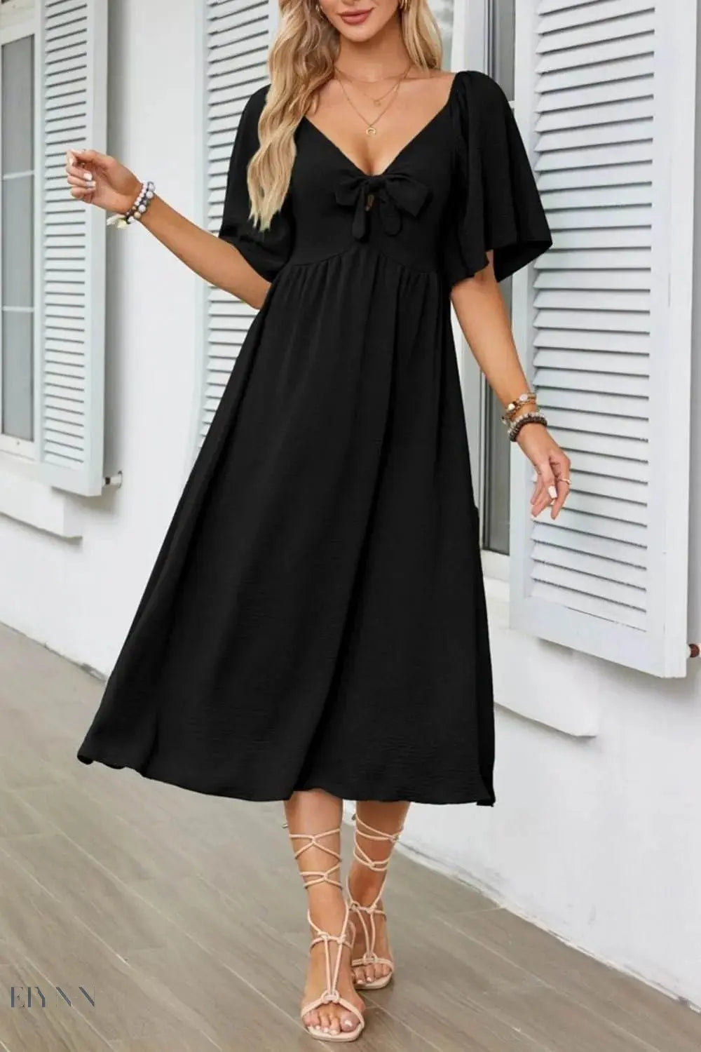 Smocked Tie Front Flutter Sleeve Midi Dress - EBYNN