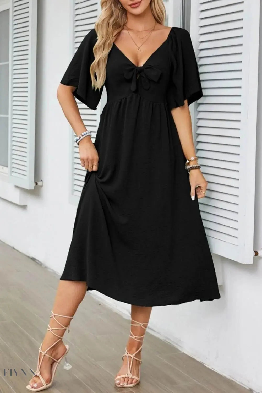 Smocked Tie Front Flutter Sleeve Midi Dress - EBYNN