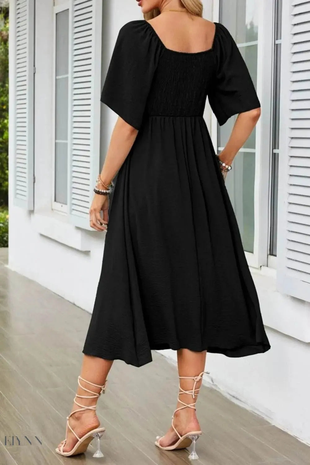 Smocked Tie Front Flutter Sleeve Midi Dress - EBYNN
