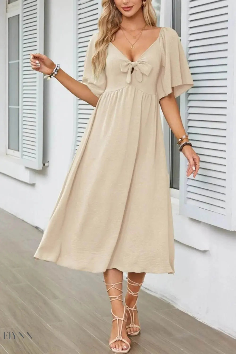 Smocked Tie Front Flutter Sleeve Midi Dress - EBYNN