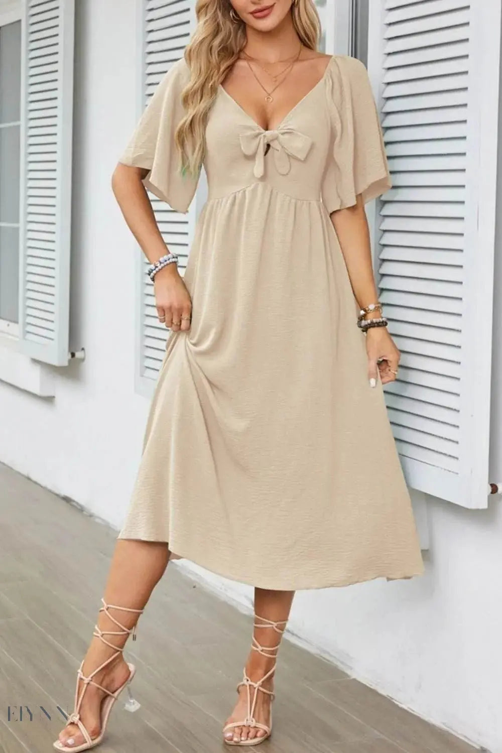 Smocked Tie Front Flutter Sleeve Midi Dress - EBYNN