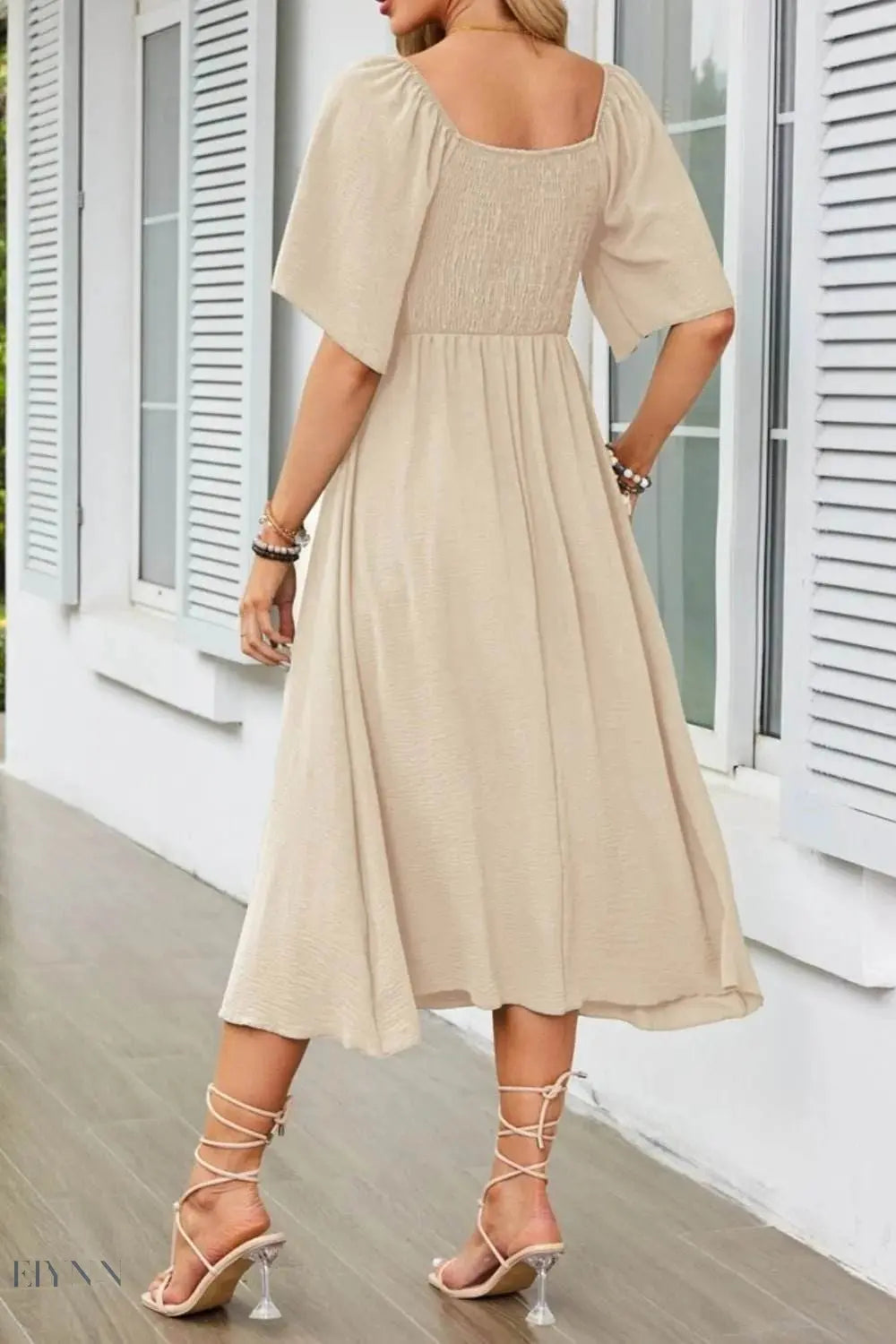 Smocked Tie Front Flutter Sleeve Midi Dress - EBYNN