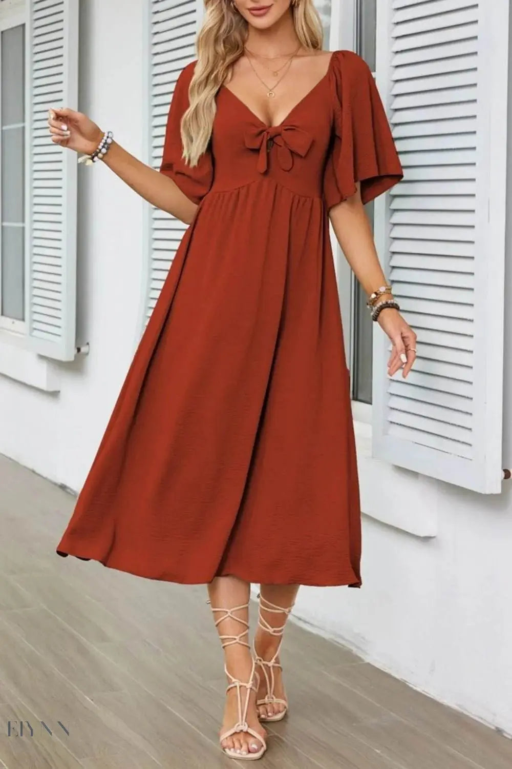 Smocked Tie Front Flutter Sleeve Midi Dress - EBYNN