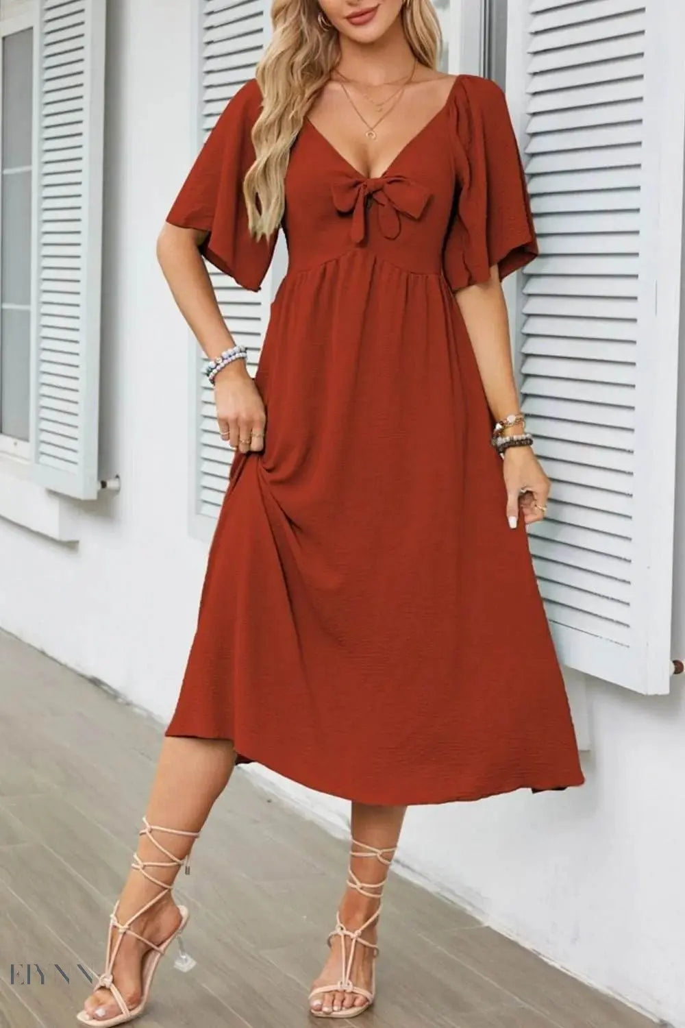 Smocked Tie Front Flutter Sleeve Midi Dress - EBYNN
