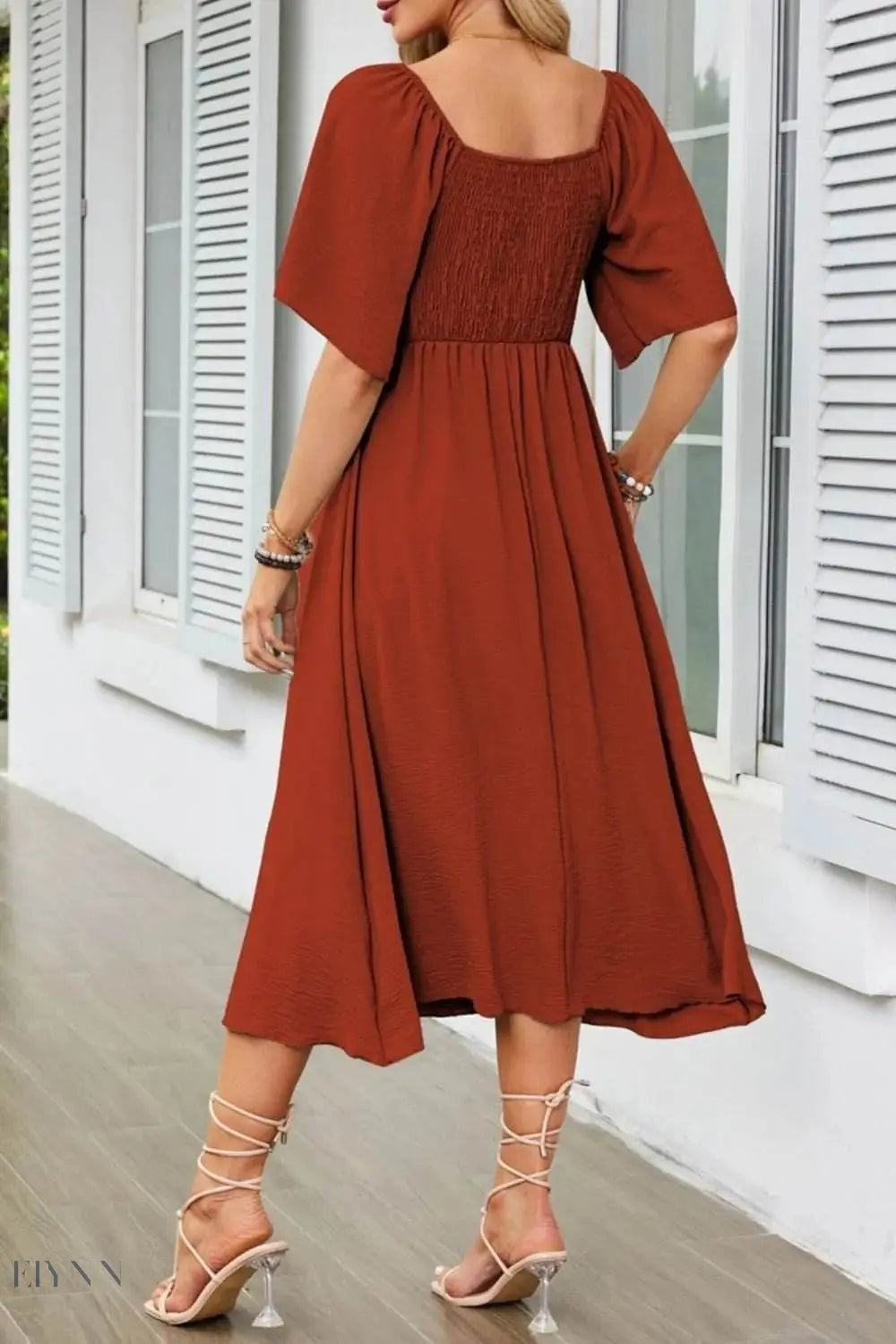 Smocked Tie Front Flutter Sleeve Midi Dress - EBYNN