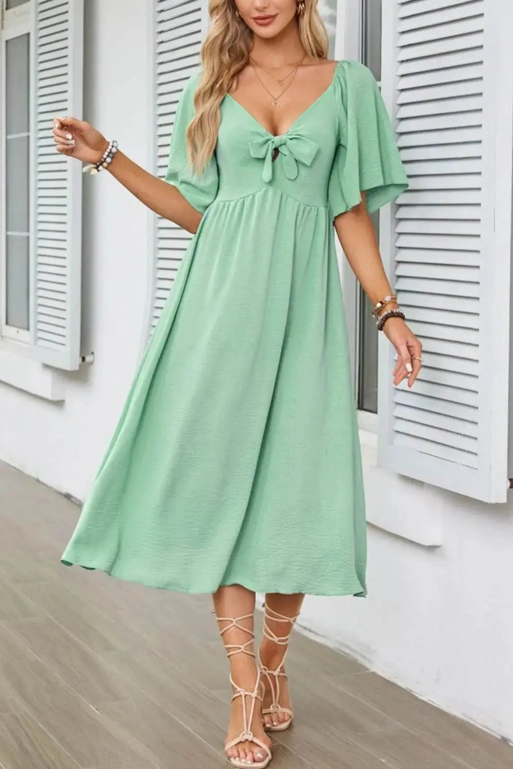 Smocked Tie Front Flutter Sleeve Midi Dress - EBYNN