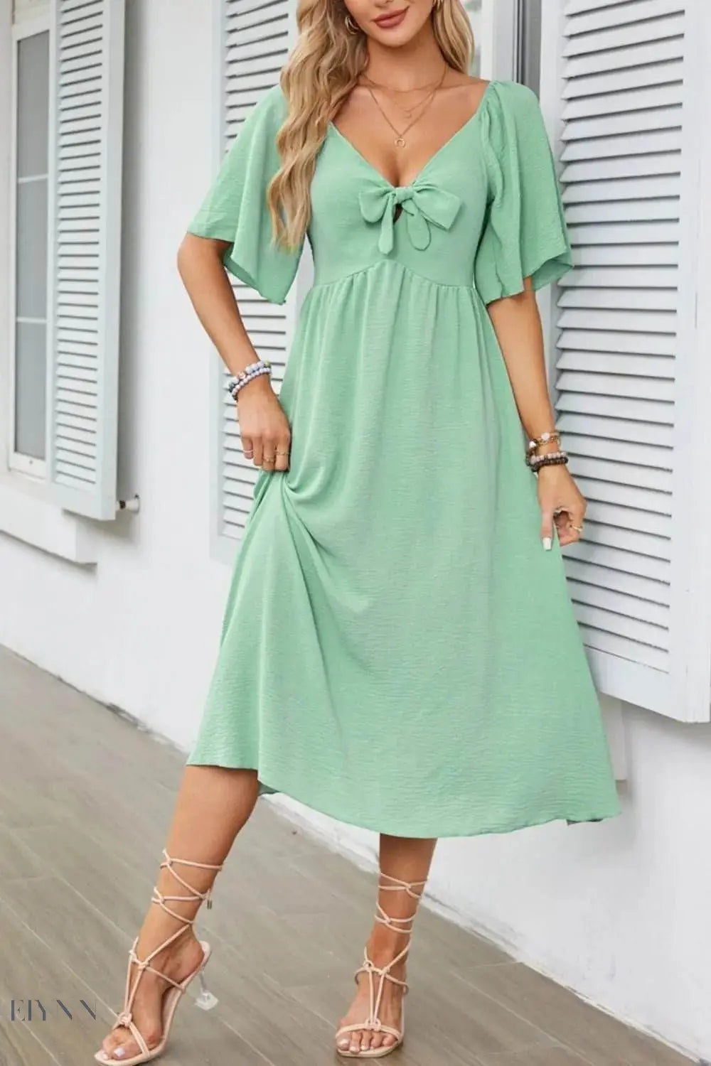 Smocked Tie Front Flutter Sleeve Midi Dress - EBYNN