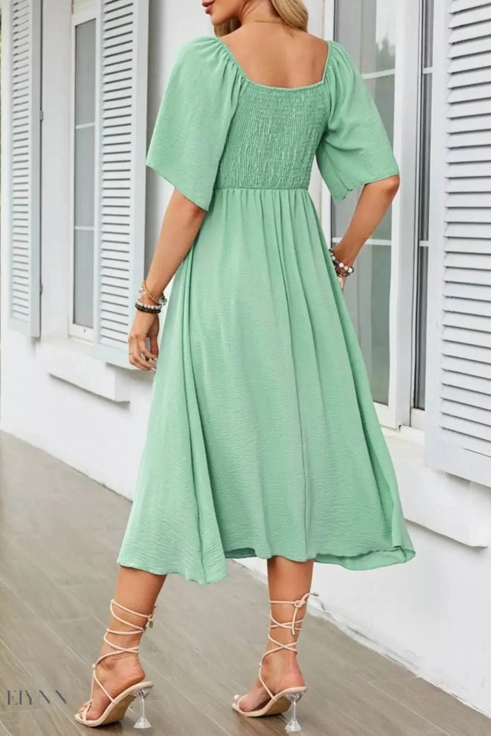 Smocked Tie Front Flutter Sleeve Midi Dress - EBYNN