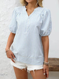 Striped Puff Sleeve Blouse with Notched Design - EBYNN