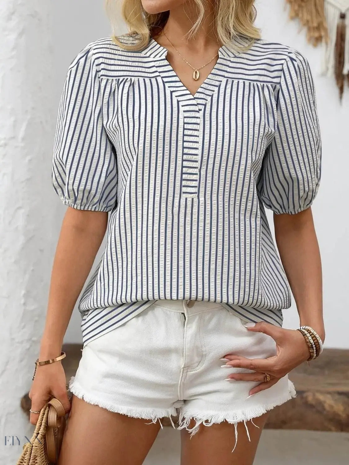 Striped Puff Sleeve Blouse with Notched Design - EBYNN