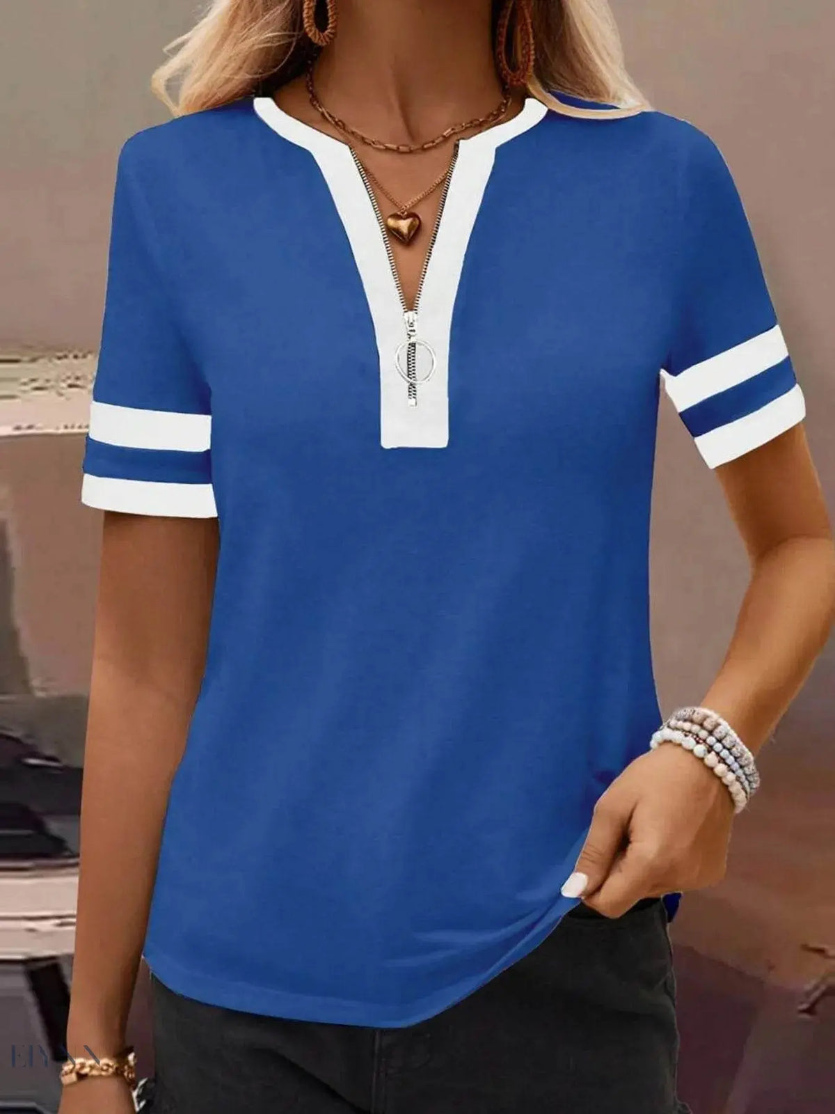 Striped Half Zip Top with Short Sleeves - EBYNN