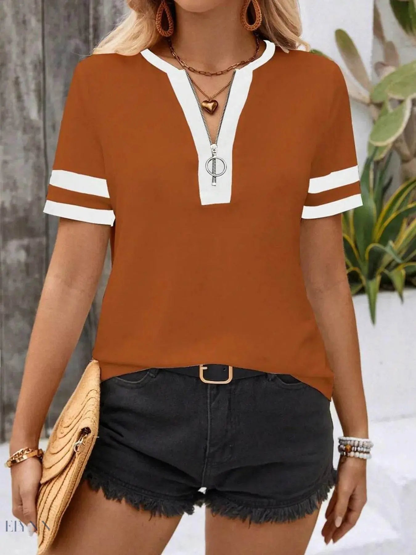 Striped Half Zip Top with Short Sleeves - EBYNN