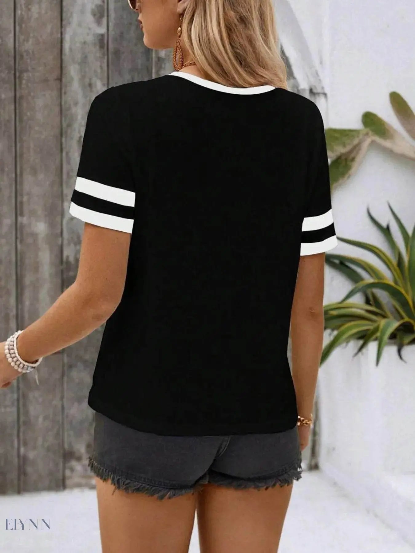 Striped Half Zip Top with Short Sleeves - EBYNN