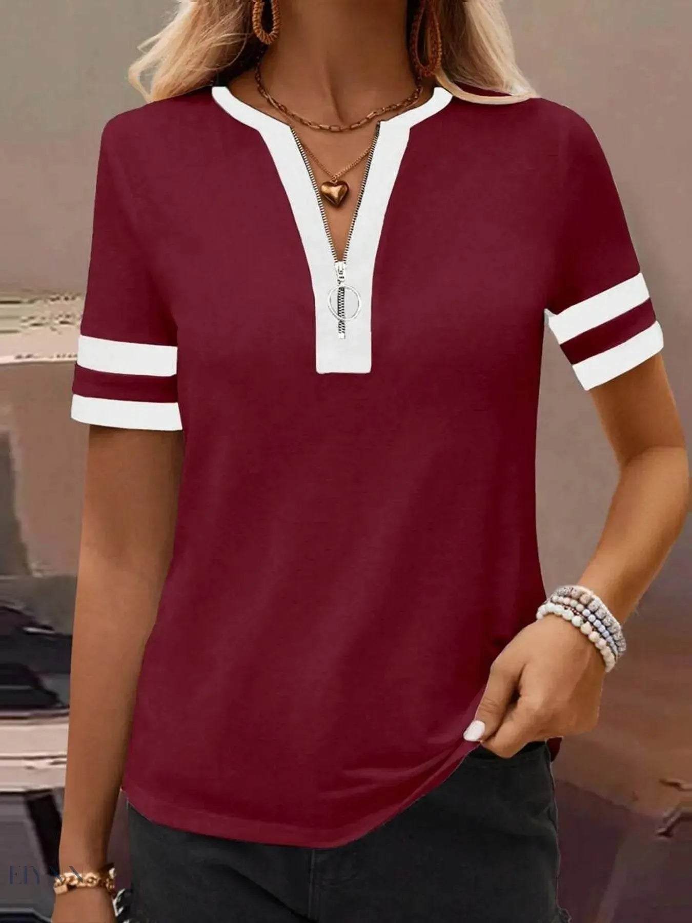 Striped Half Zip Top with Short Sleeves - EBYNN